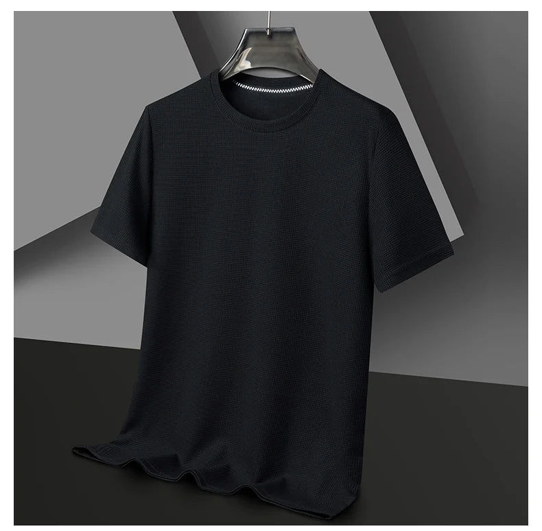 Men Short Sleeve Waffle round Neck Short Sleeve T-Shirt Comfortable Breathable Short-Sleeved Top for Casual Wear