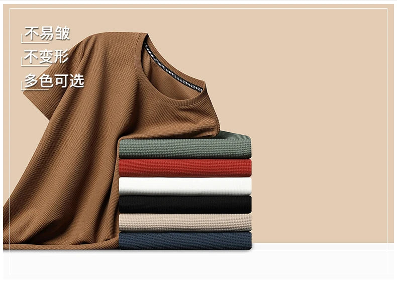 Men Short Sleeve Waffle round Neck Short Sleeve T-Shirt Comfortable Breathable Short-Sleeved Top for Casual Wear