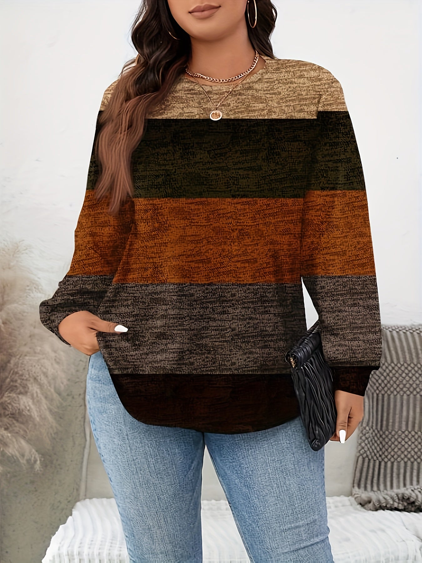 Plus Size - Plus Size - Plus Size - Plus Size - Plus Size, Women'S Plus Size Elegant Long Sleeve T-Shirt - Stretchy Crew Neck Top with Vertical Stripes in Brown