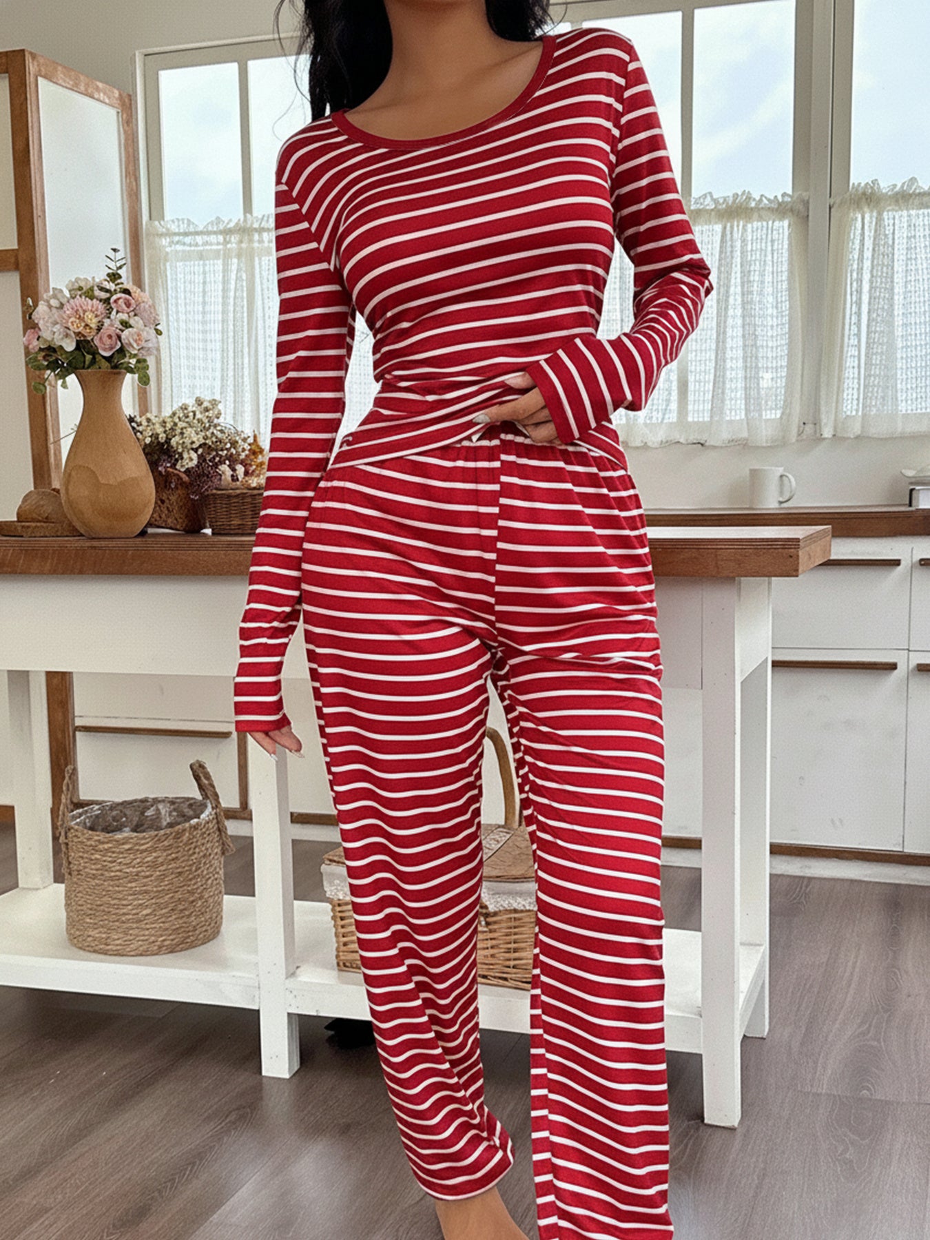 Women's Red and White Striped Casual Round Neck Long Sleeve Top and Pants Pajama Set