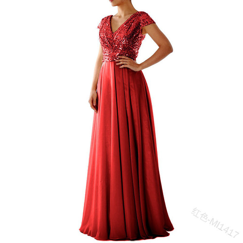 Summer Dress new V-neck sequinned chiffon panel evening dress long skirt