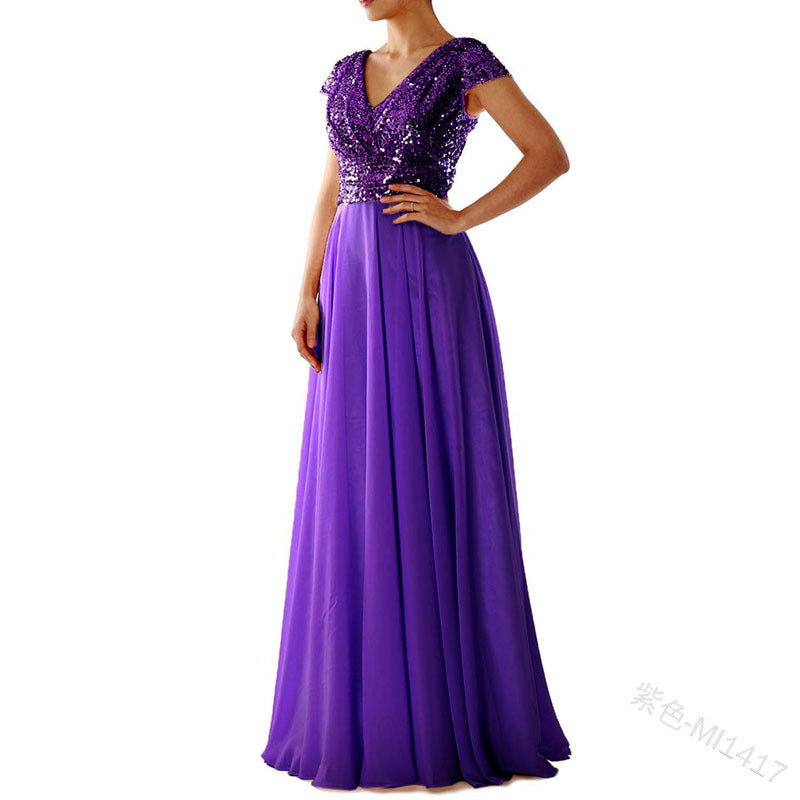 Summer Dress new V-neck sequinned chiffon panel evening dress long skirt