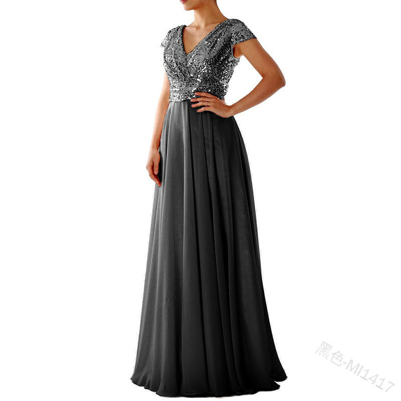 Summer Dress new V-neck sequinned chiffon panel evening dress long skirt