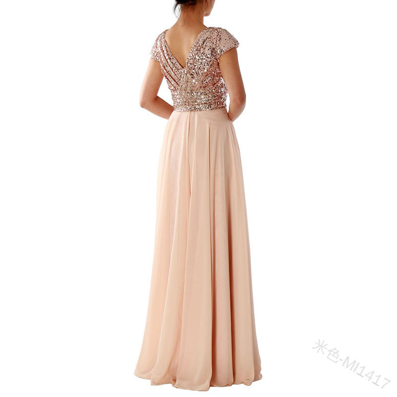Summer Dress new V-neck sequinned chiffon panel evening dress long skirt
