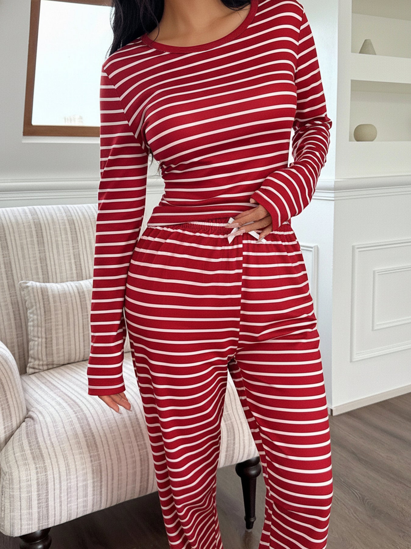 Women's Red and White Striped Casual Round Neck Long Sleeve Top and Pants Pajama Set