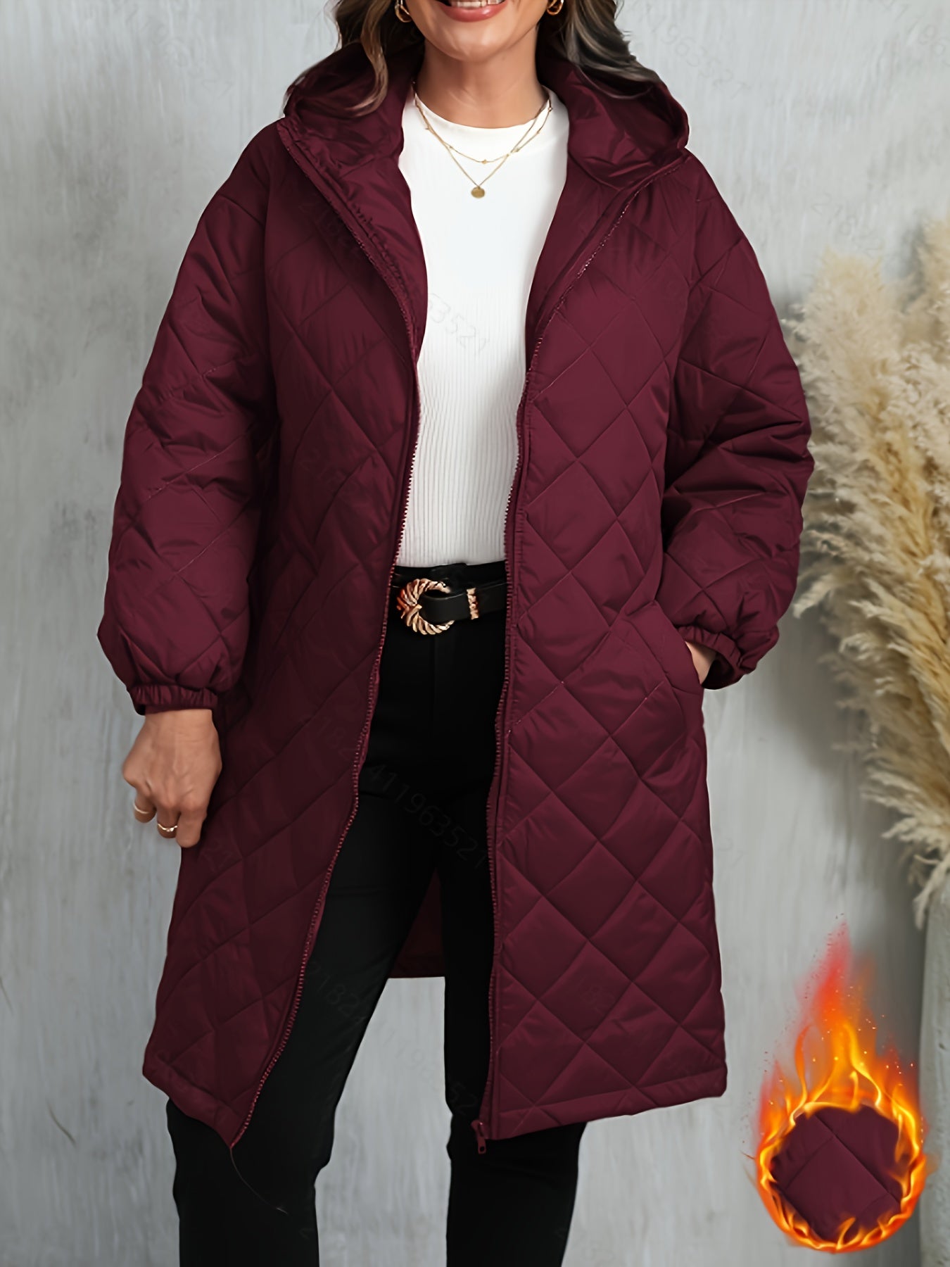 [Purple Quilted Jacket] Winter Women's Elegant Purple Quilted Hooded Jacket | Zip-Up, Long Sleeve, Non-Stretch Fabric with Pockets, Fall/Winter Casual Wear