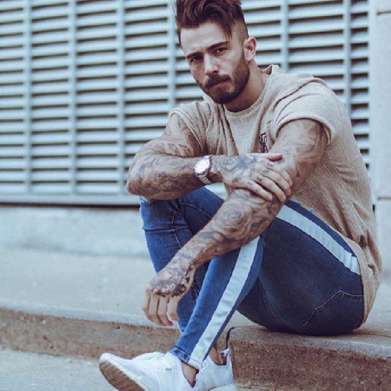 MEN ,Small Feet Zipper Jeans Men's Ripped New Jeans