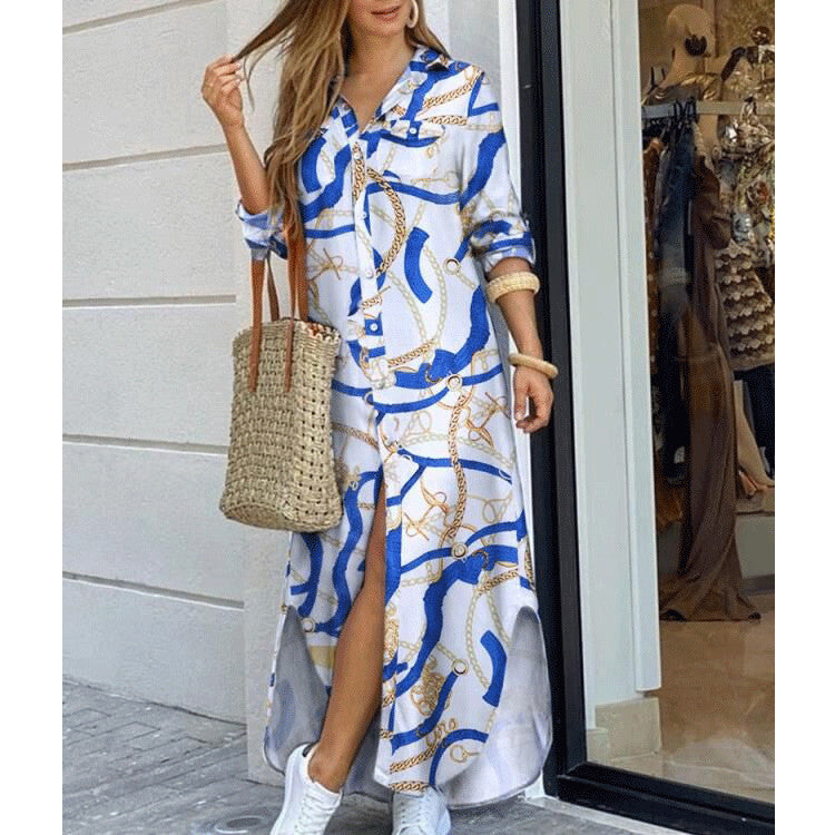 Cross-border women's clothing  European and American spring and summer new printed long-sleeved dresses fashionable sexy shirt long skirts
