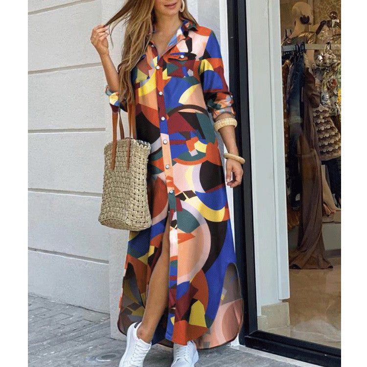 Cross-border women's clothing  European and American spring and summer new printed long-sleeved dresses fashionable sexy shirt long skirts