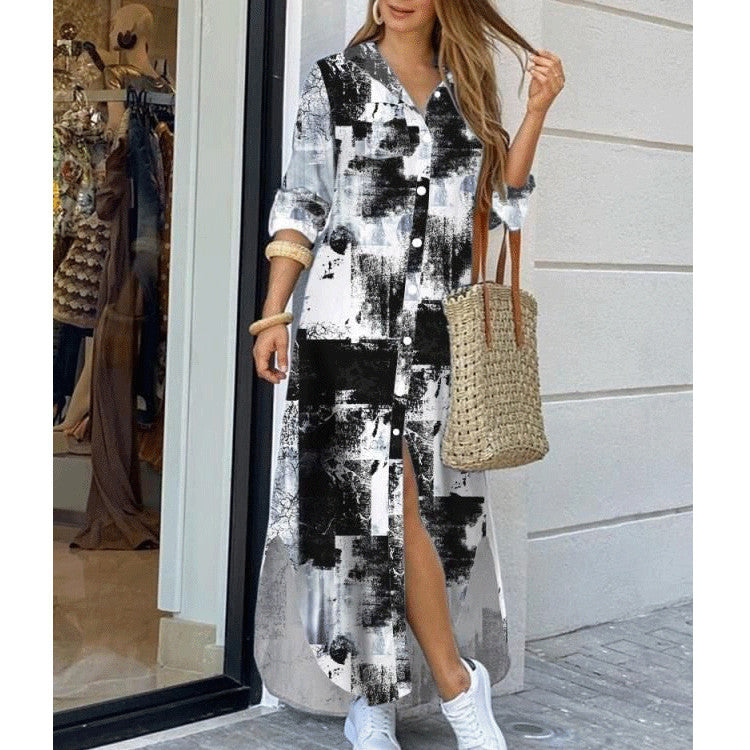 Cross-border women's clothing  European and American spring and summer new printed long-sleeved dresses fashionable sexy shirt long skirts