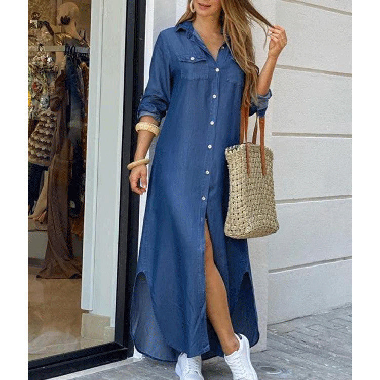 Cross-border women's clothing  European and American spring and summer new printed long-sleeved dresses fashionable sexy shirt long skirts