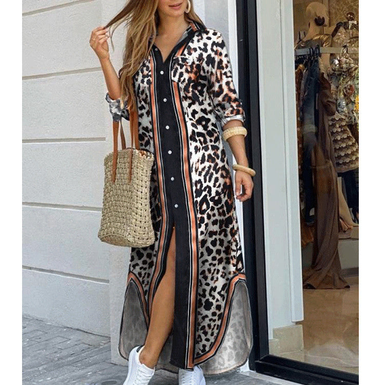Cross-border women's clothing  European and American spring and summer new printed long-sleeved dresses fashionable sexy shirt long skirts