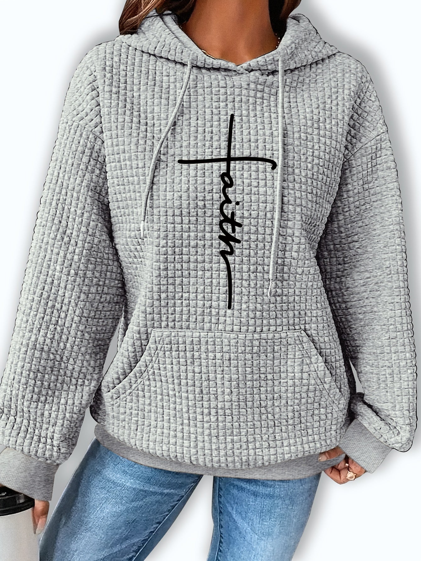 Patterned Long-Sleeve Waffle Drawstring Hoodie