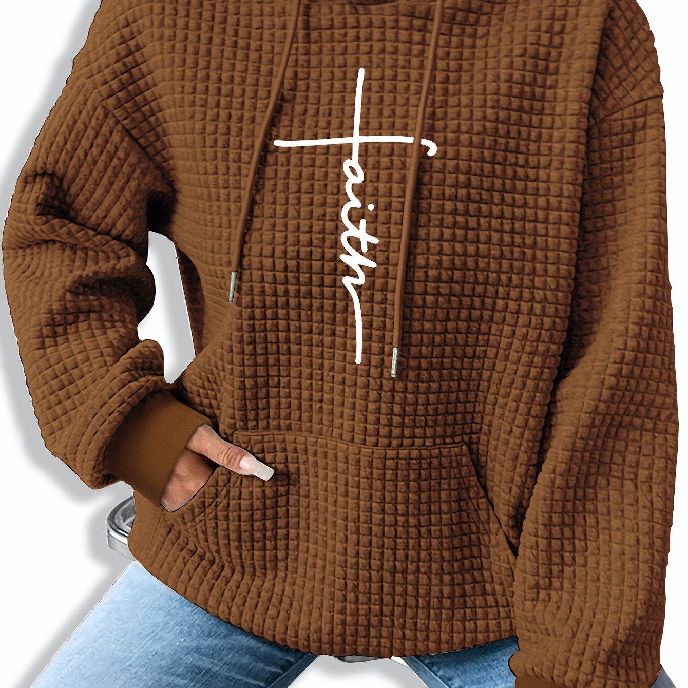 Patterned Long-Sleeve Waffle Drawstring Hoodie