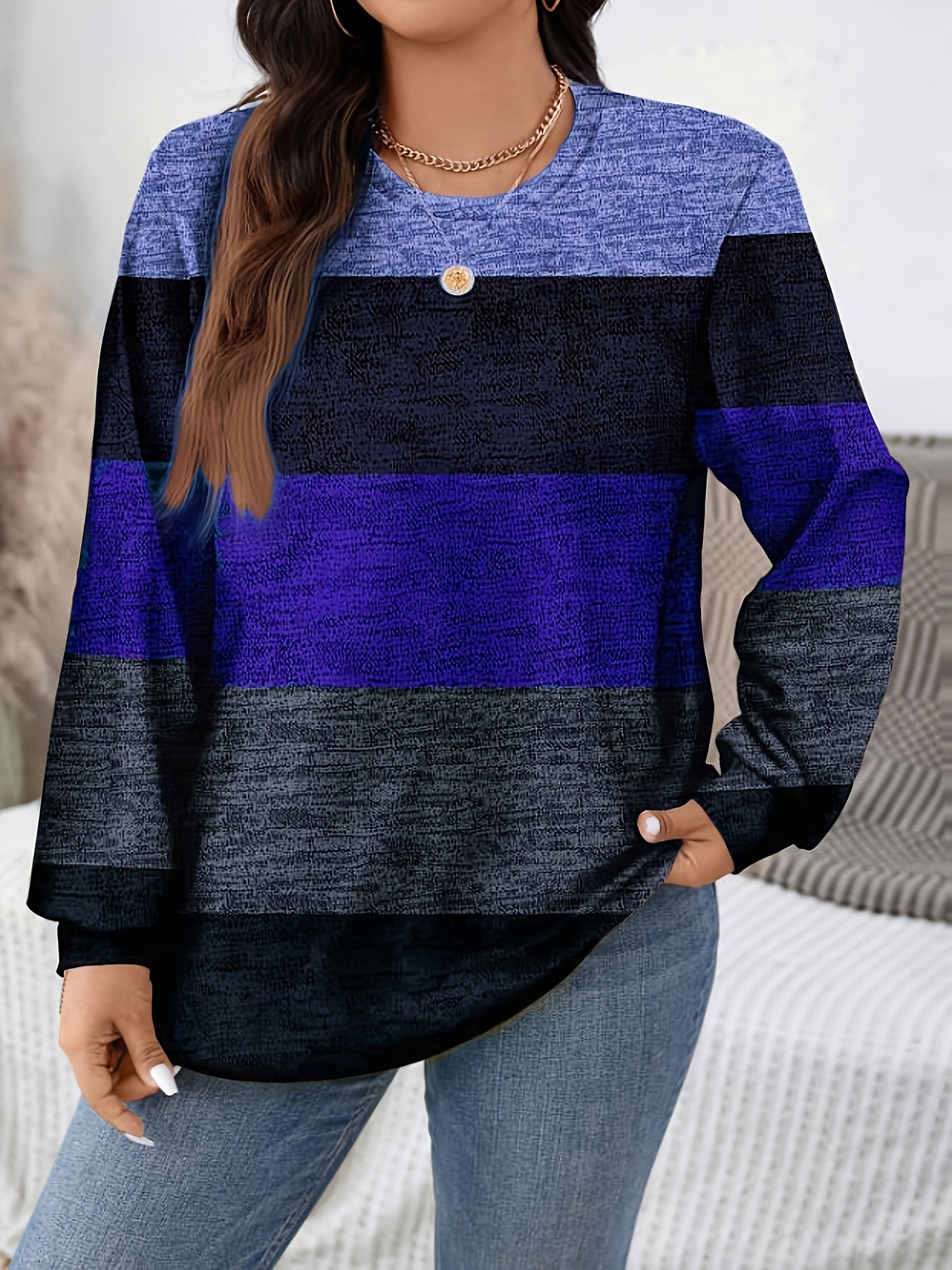 Plus Size - Plus Size - Plus Size - Plus Size - Plus Size, Women'S Plus Size Elegant Long Sleeve T-Shirt - Stretchy Crew Neck Top with Vertical Stripes in Brown