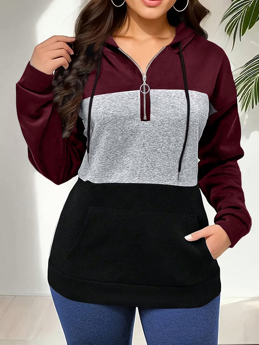 [Women's Zip-Up Hoodie] Burgundy & Dark Tone Color Block Women's Zip-Up Hoodie - Full-Zip Front Closure, Machine Washable Winter Coat for Casual & Formal Outfits, Hooded Sweatshirt, Sleek Fabric