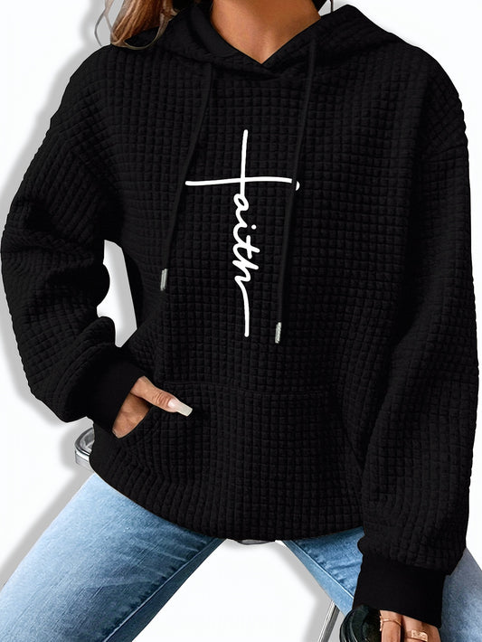 Patterned Long-Sleeve Waffle Drawstring Hoodie