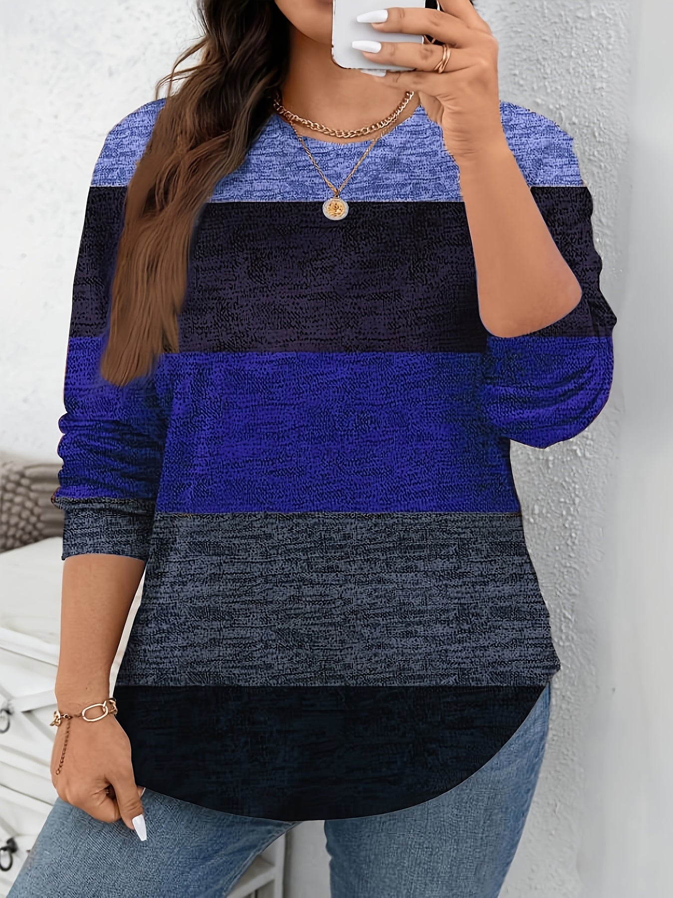 Plus Size - Plus Size - Plus Size - Plus Size - Plus Size, Women'S Plus Size Elegant Long Sleeve T-Shirt - Stretchy Crew Neck Top with Vertical Stripes in Brown