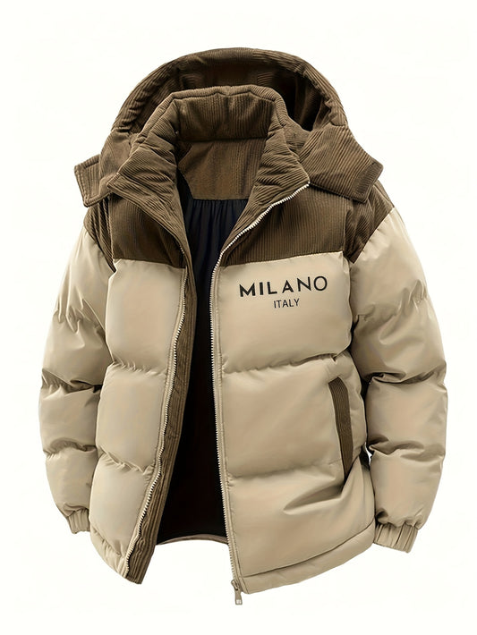 Men'S Casual Faux Fur Jacket with "MILANO ITALIA" Print - Lightweight Hooded Outdoor Coat, Regular Fit, Pockets Included, Fabric, Perfect for Casual Wear, Hooded Jacket