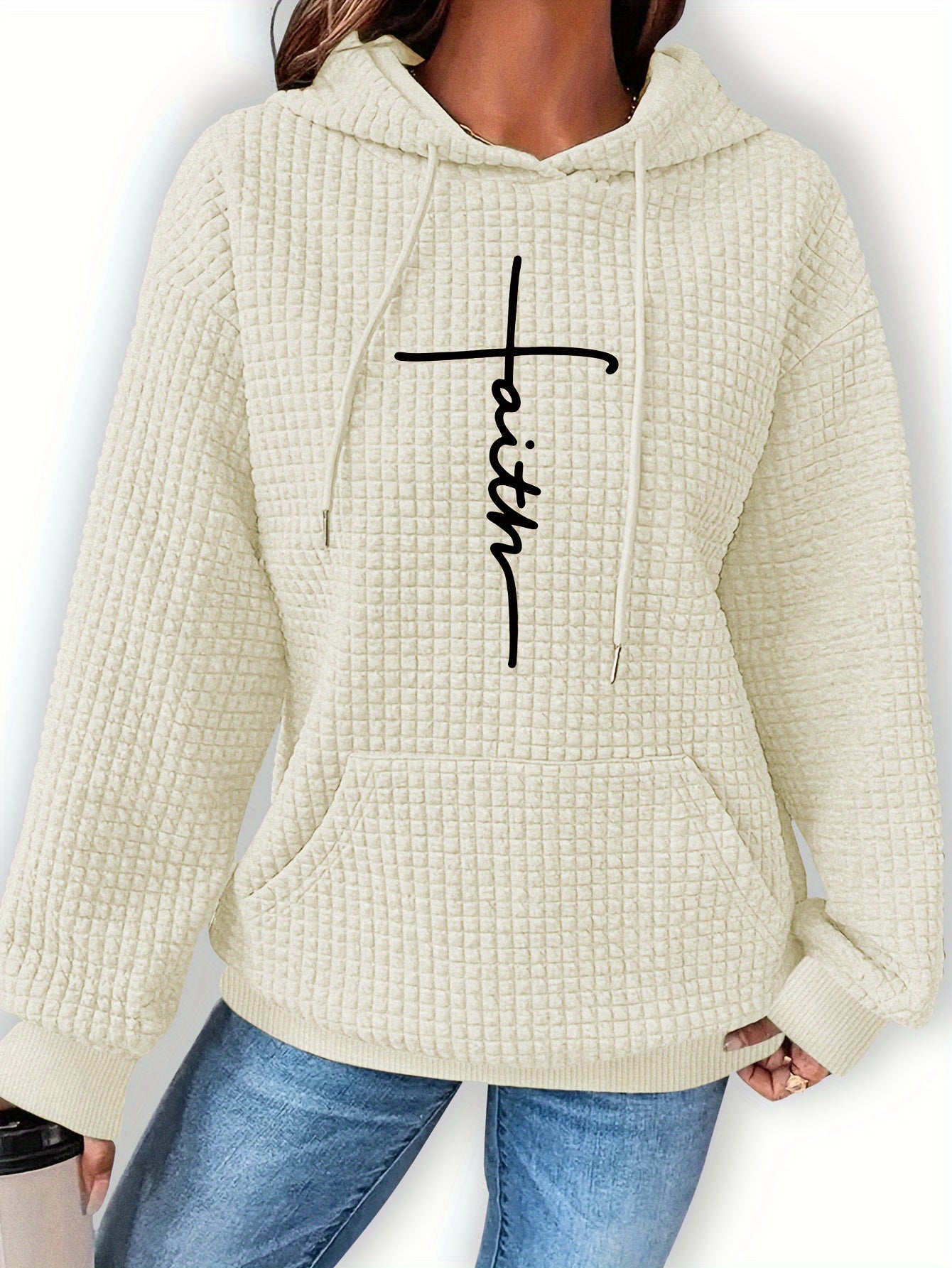 Patterned Long-Sleeve Waffle Drawstring Hoodie