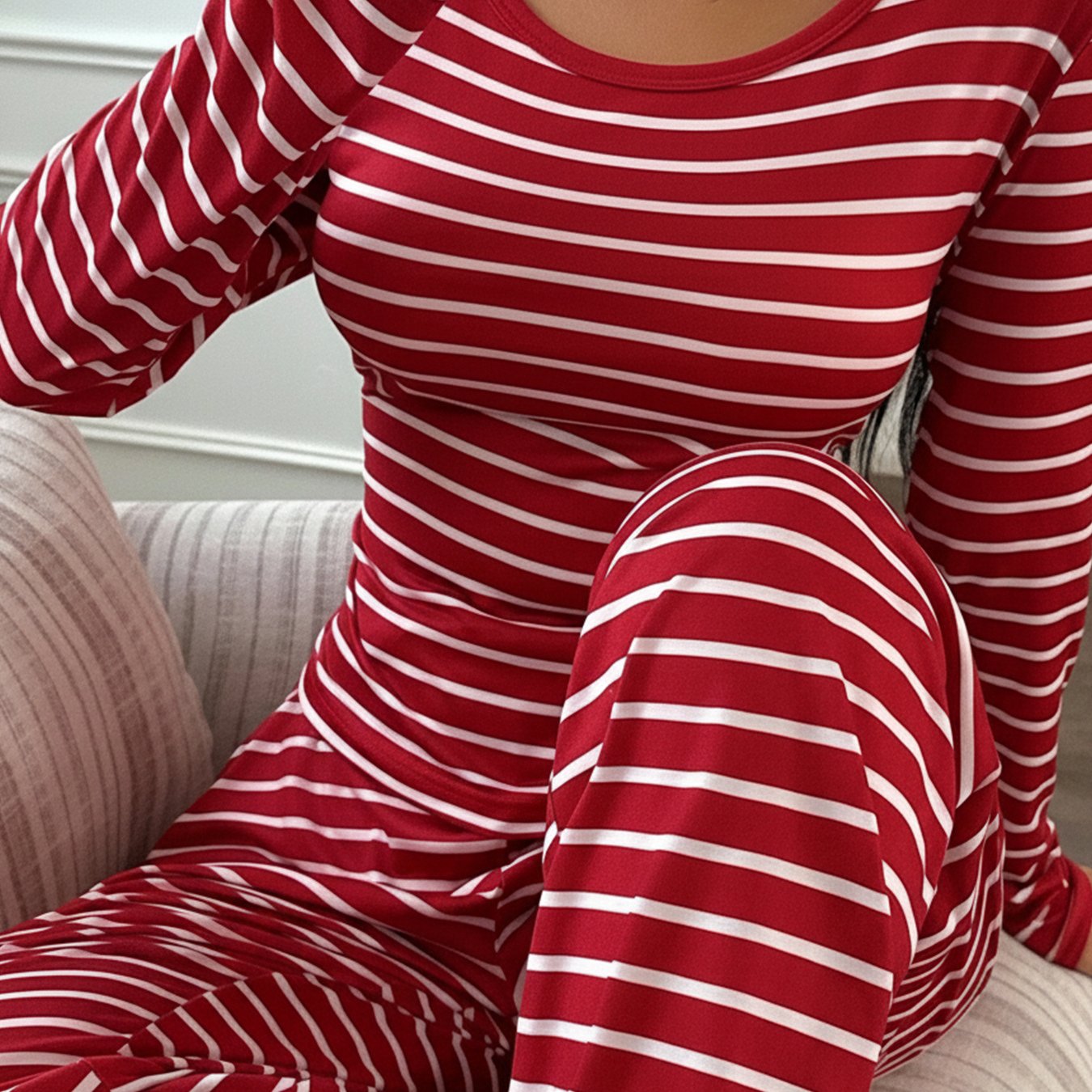 Women's Red and White Striped Casual Round Neck Long Sleeve Top and Pants Pajama Set
