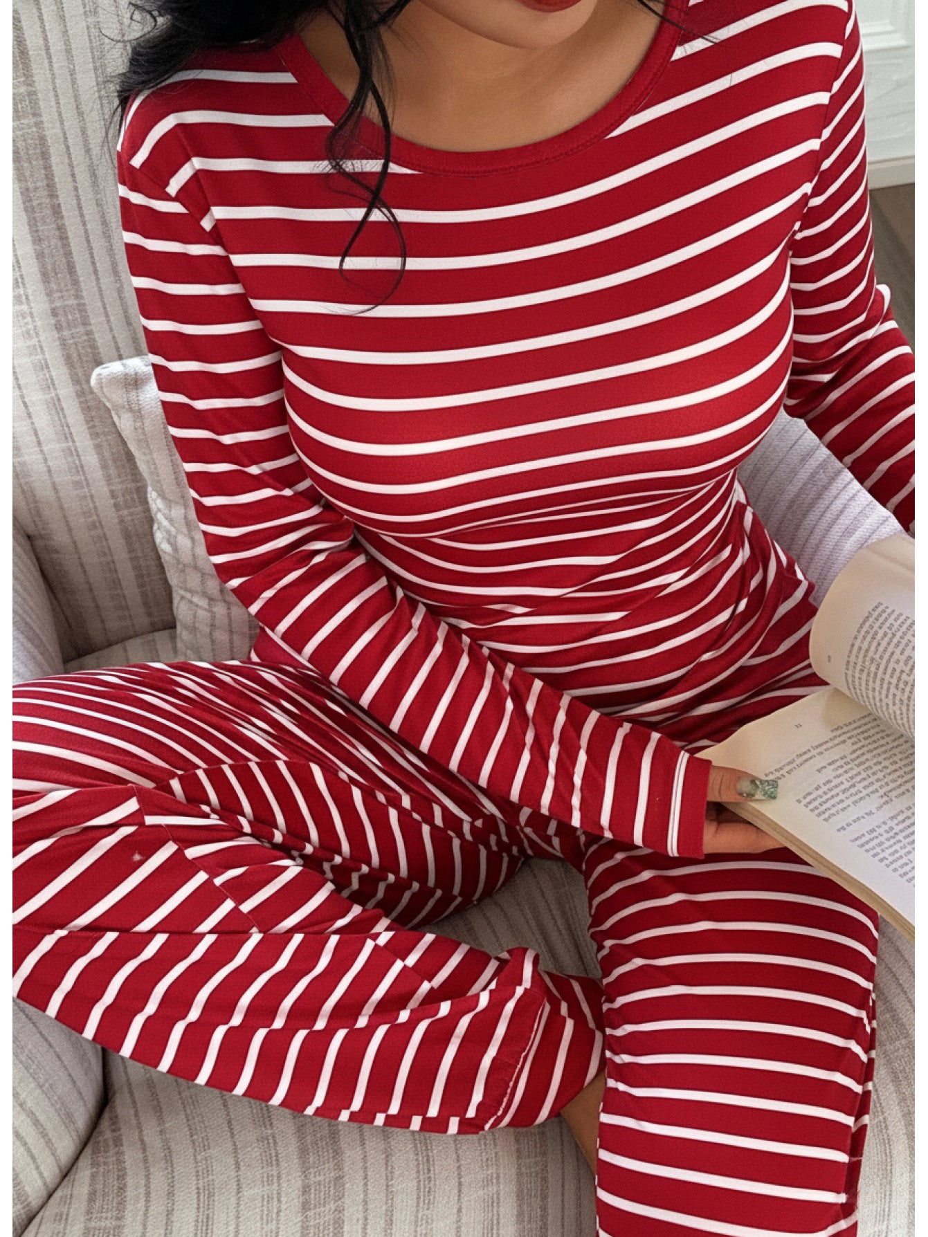 Women's Red and White Striped Casual Round Neck Long Sleeve Top and Pants Pajama Set