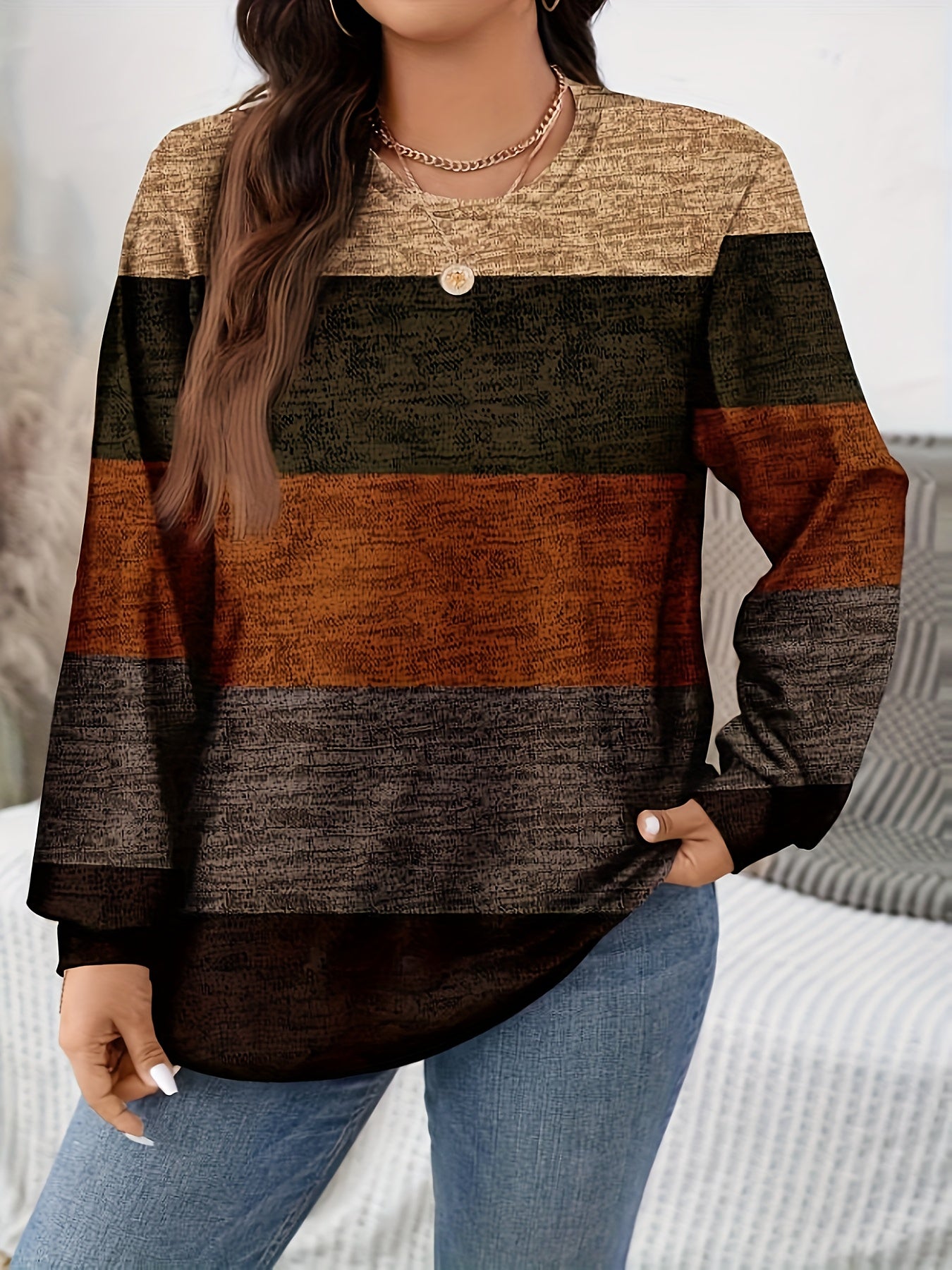 Plus Size - Plus Size - Plus Size - Plus Size - Plus Size, Women'S Plus Size Elegant Long Sleeve T-Shirt - Stretchy Crew Neck Top with Vertical Stripes in Brown