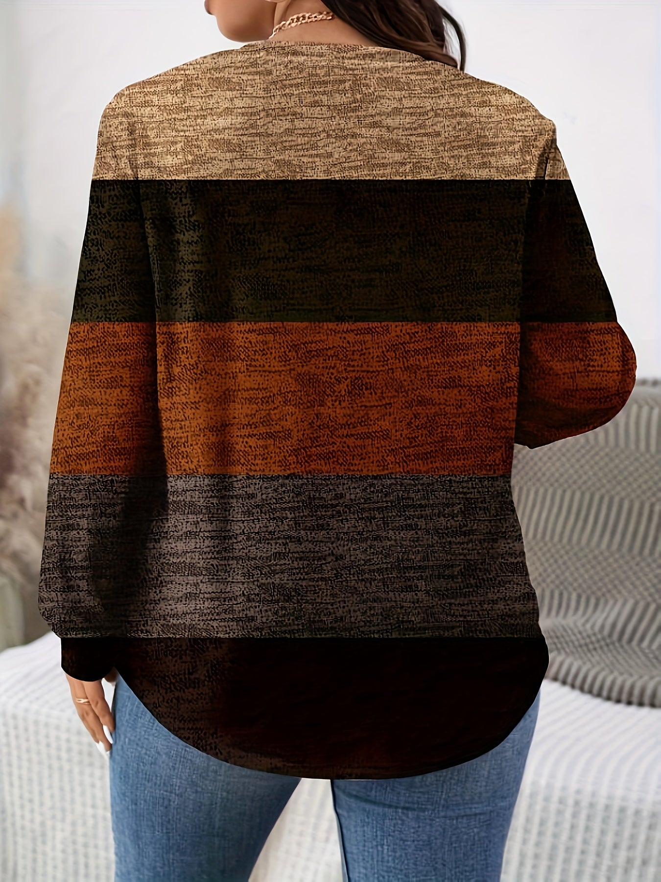 Plus Size - Plus Size - Plus Size - Plus Size - Plus Size, Women'S Plus Size Elegant Long Sleeve T-Shirt - Stretchy Crew Neck Top with Vertical Stripes in Brown