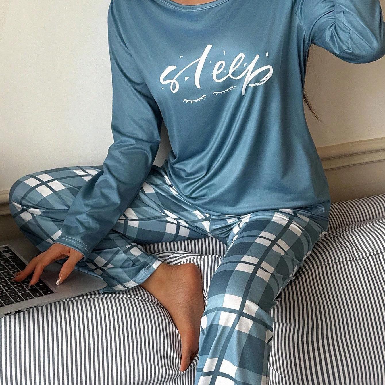 Women's Letter Print Round Neck Long Sleeve Top and Plaid Pants Sleepwear Set