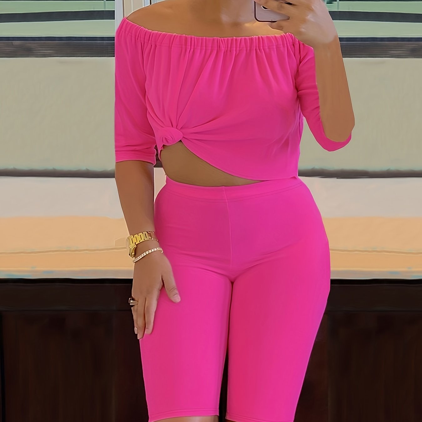 Sexy Solid Fashion Pantsuits Two-piece Set, Off Shoulder Short Sleeve Tops & Slim Shorts Set - Women's Clothing - For Women - Perfect for Parties & Night Out - Ideal Gift for Her