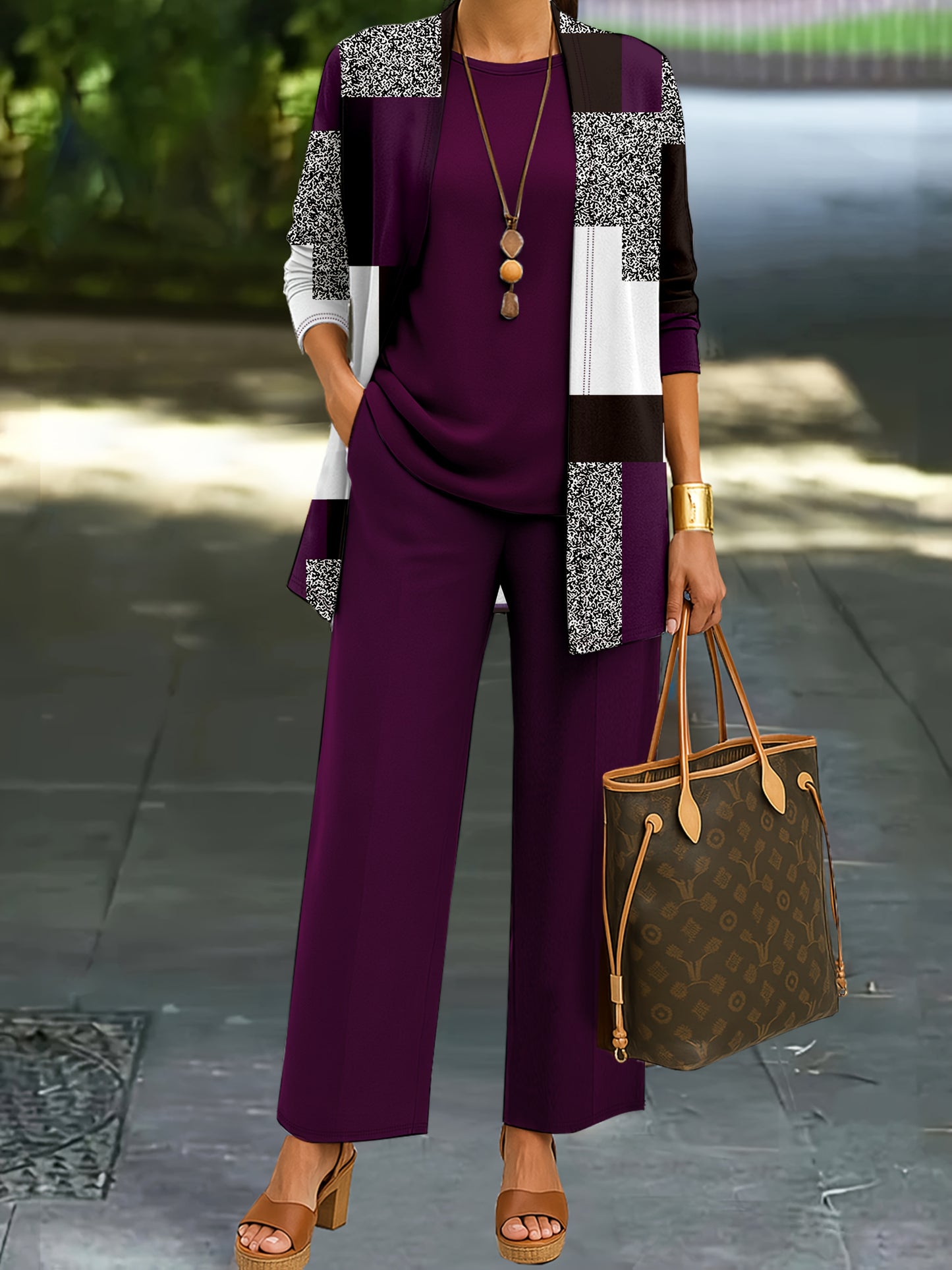 Spring and Summer Three-Piece Color-Block Print Set with Long Sleeve Jacket, Vest, and Pants for Women