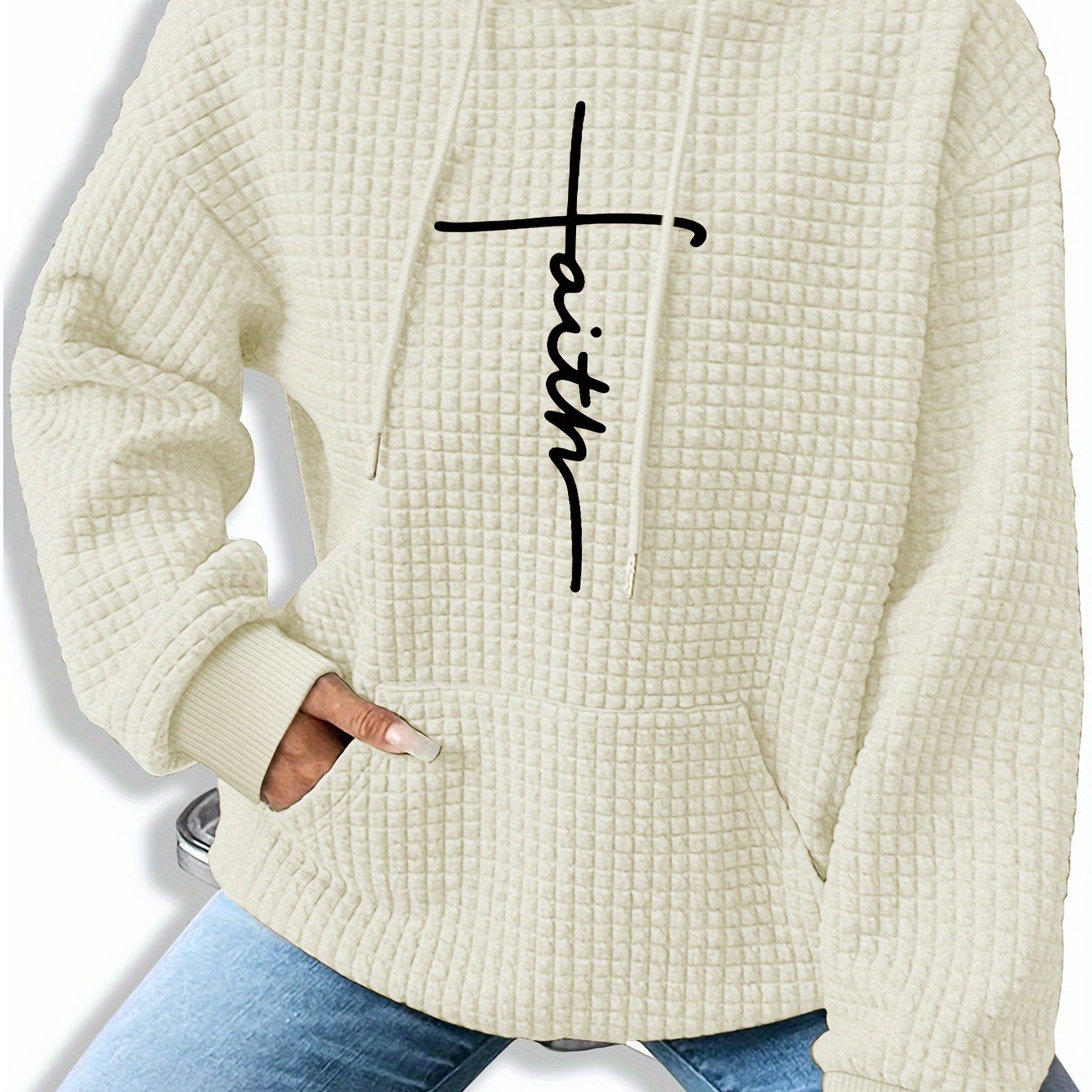 Patterned Long-Sleeve Waffle Drawstring Hoodie