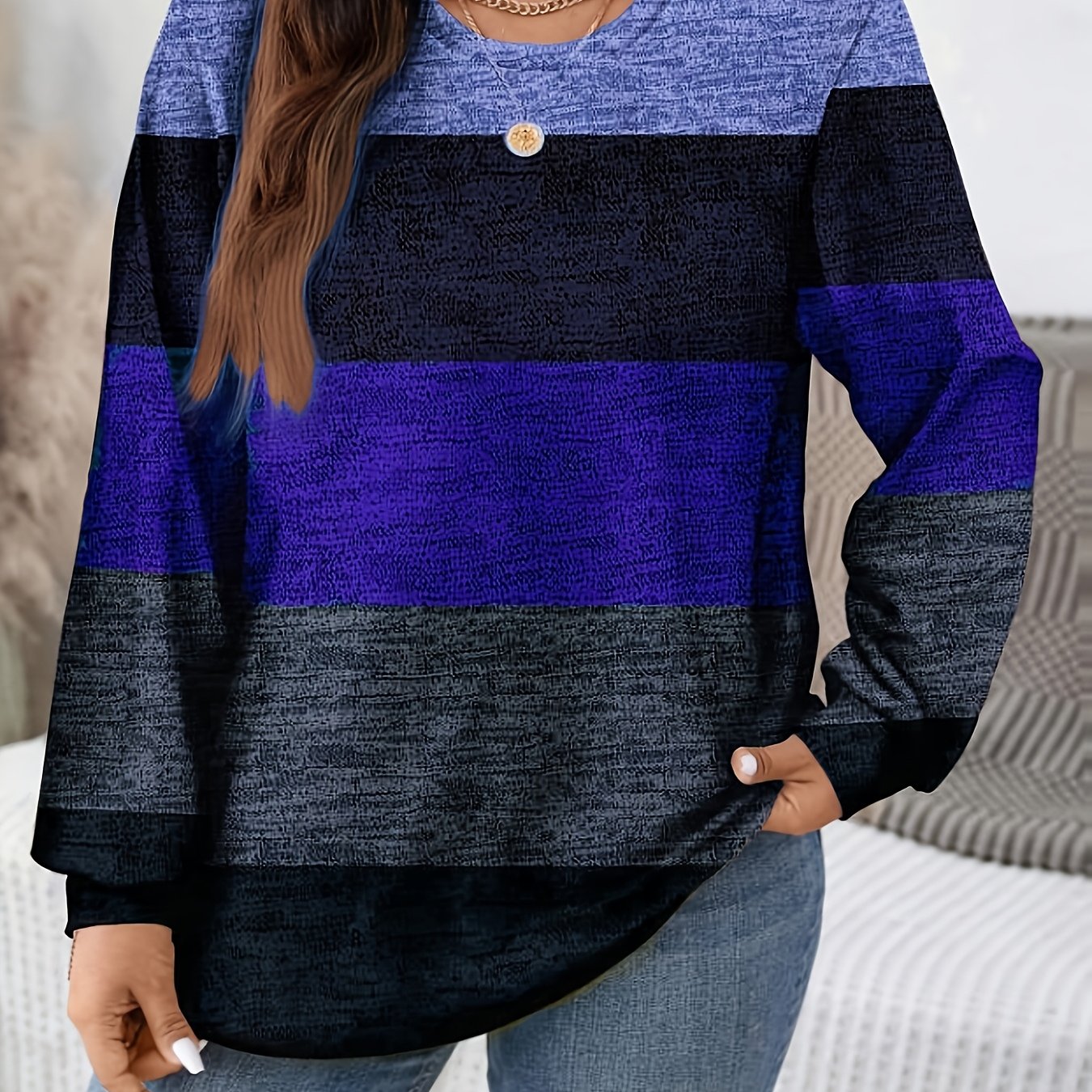 Plus Size - Plus Size - Plus Size - Plus Size - Plus Size, Women'S Plus Size Elegant Long Sleeve T-Shirt - Stretchy Crew Neck Top with Vertical Stripes in Brown