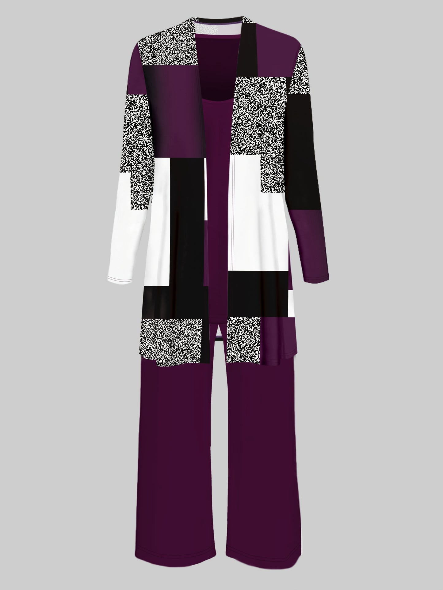 Spring and Summer Three-Piece Color-Block Print Set with Long Sleeve Jacket, Vest, and Pants for Women