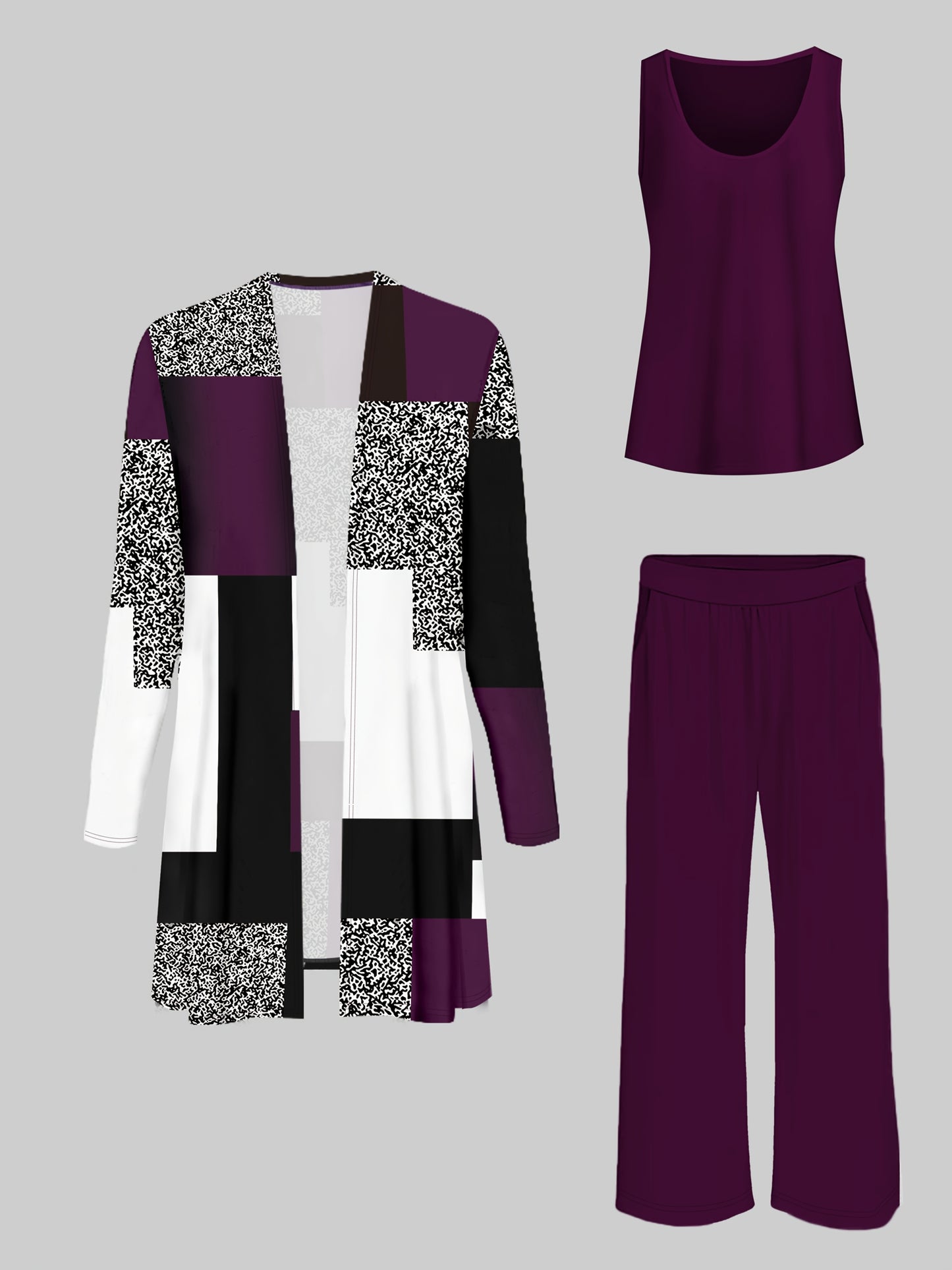 Spring and Summer Three-Piece Color-Block Print Set with Long Sleeve Jacket, Vest, and Pants for Women