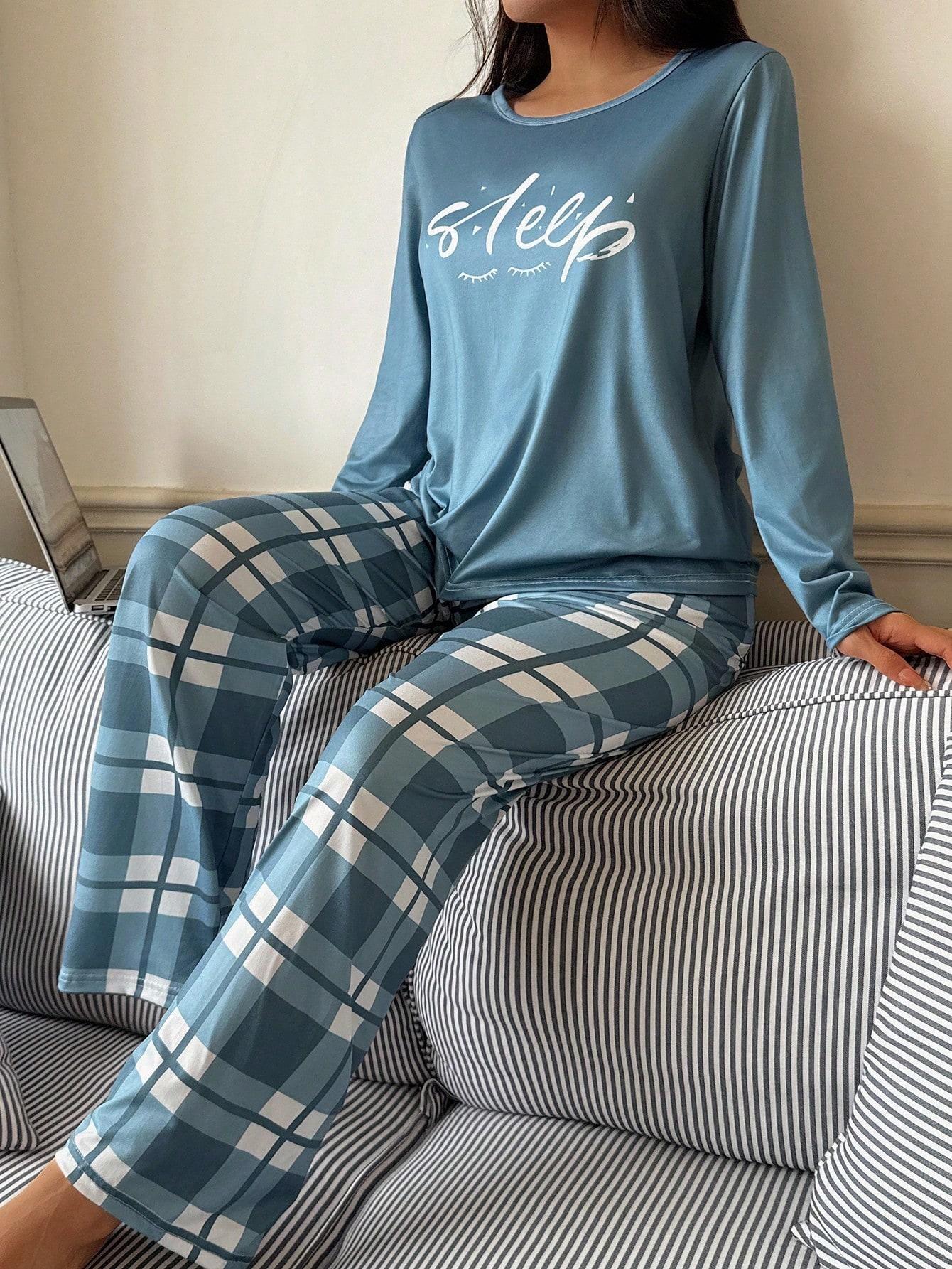 Women's Letter Print Round Neck Long Sleeve Top and Plaid Pants Sleepwear Set