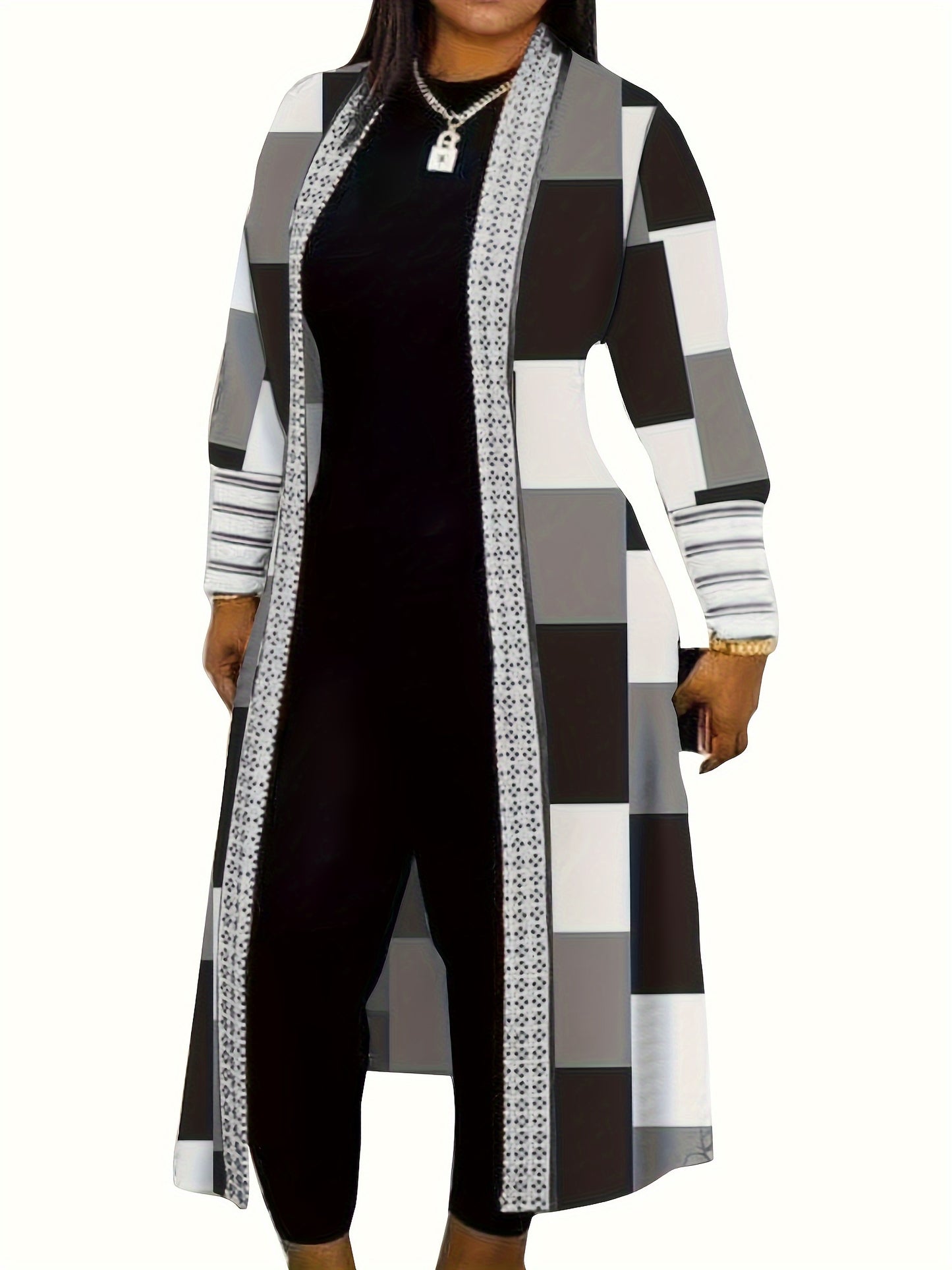 Fashion New Nuel Women's Color Block Patchwork Long Sleeve Cardigan Casual Open Front Coat Black