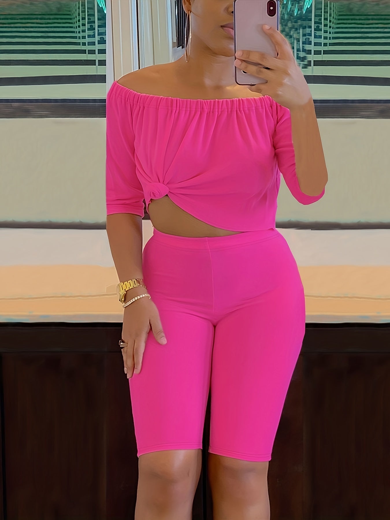 Sexy Solid Fashion Pantsuits Two-piece Set, Off Shoulder Short Sleeve Tops & Slim Shorts Set - Women's Clothing - For Women - Perfect for Parties & Night Out - Ideal Gift for Her