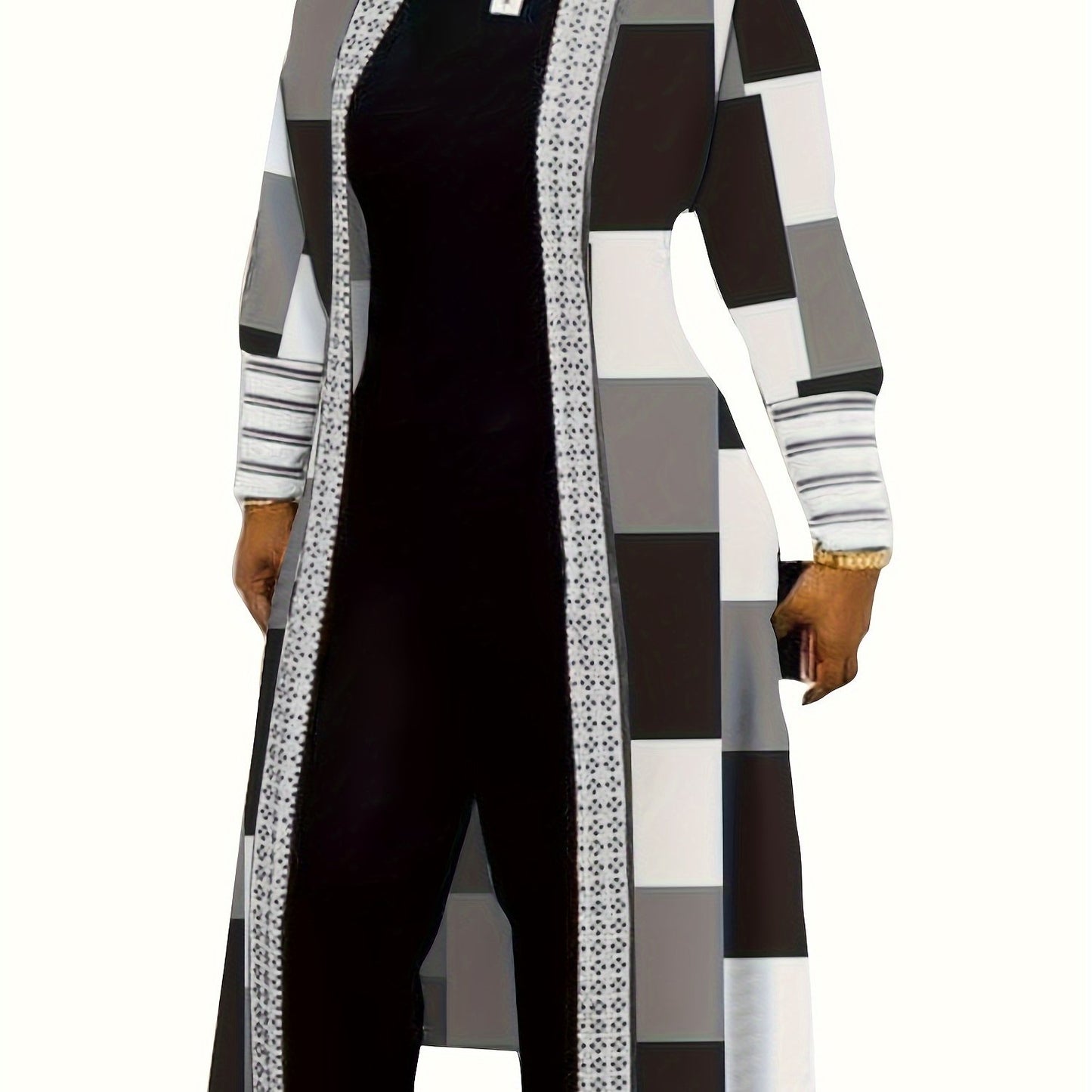 Fashion New Nuel Women's Color Block Patchwork Long Sleeve Cardigan Casual Open Front Coat Black