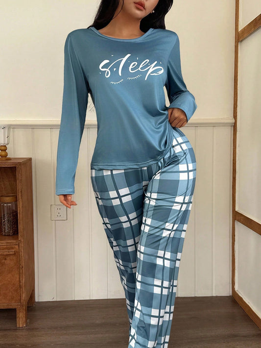 Women's Letter Print Round Neck Long Sleeve Top and Plaid Pants Sleepwear Set