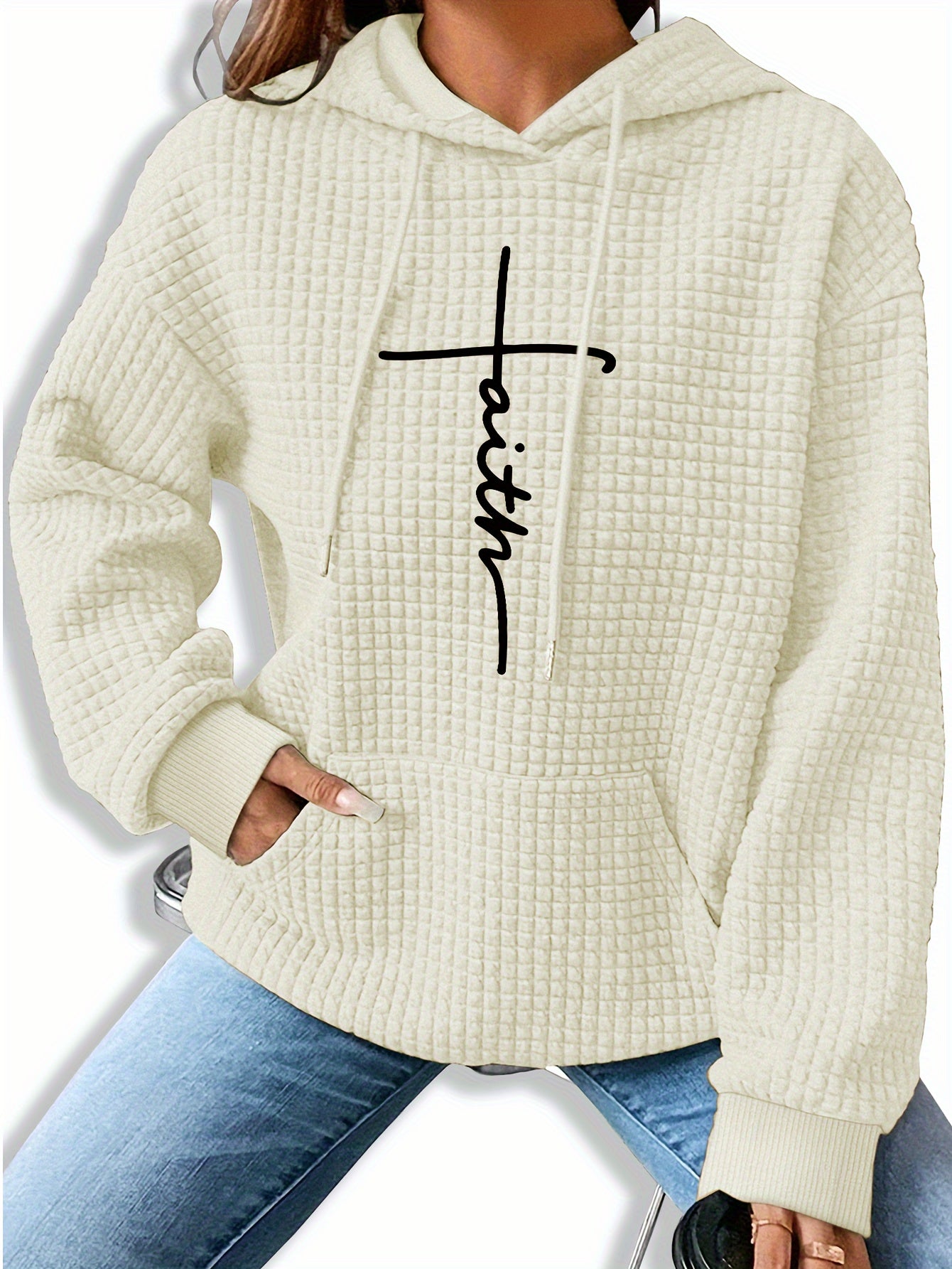 Patterned Long-Sleeve Waffle Drawstring Hoodie