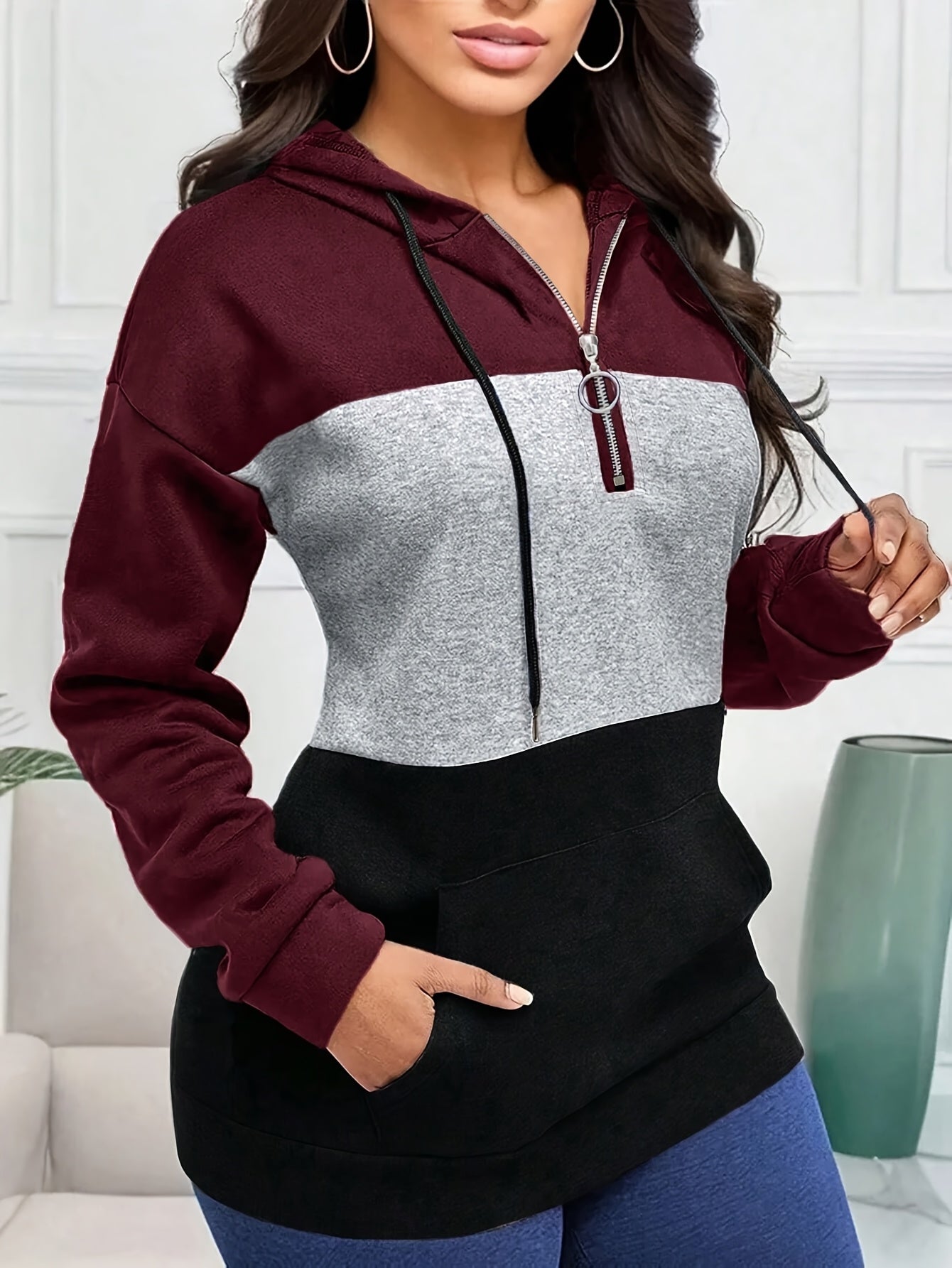 [Women's Zip-Up Hoodie] Burgundy & Dark Tone Color Block Women's Zip-Up Hoodie - Full-Zip Front Closure, Machine Washable Winter Coat for Casual & Formal Outfits, Hooded Sweatshirt, Sleek Fabric
