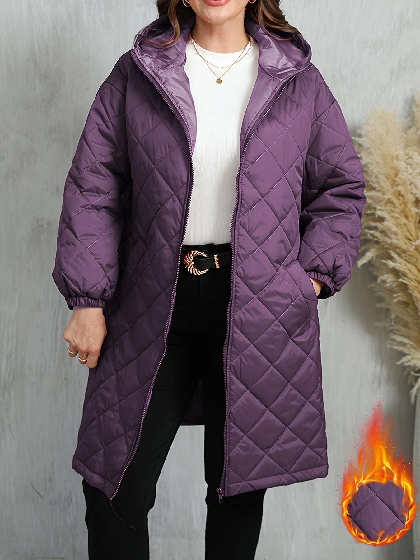 [Purple Quilted Jacket] Winter Women's Elegant Purple Quilted Hooded Jacket | Zip-Up, Long Sleeve, Non-Stretch Fabric with Pockets, Fall/Winter Casual Wear