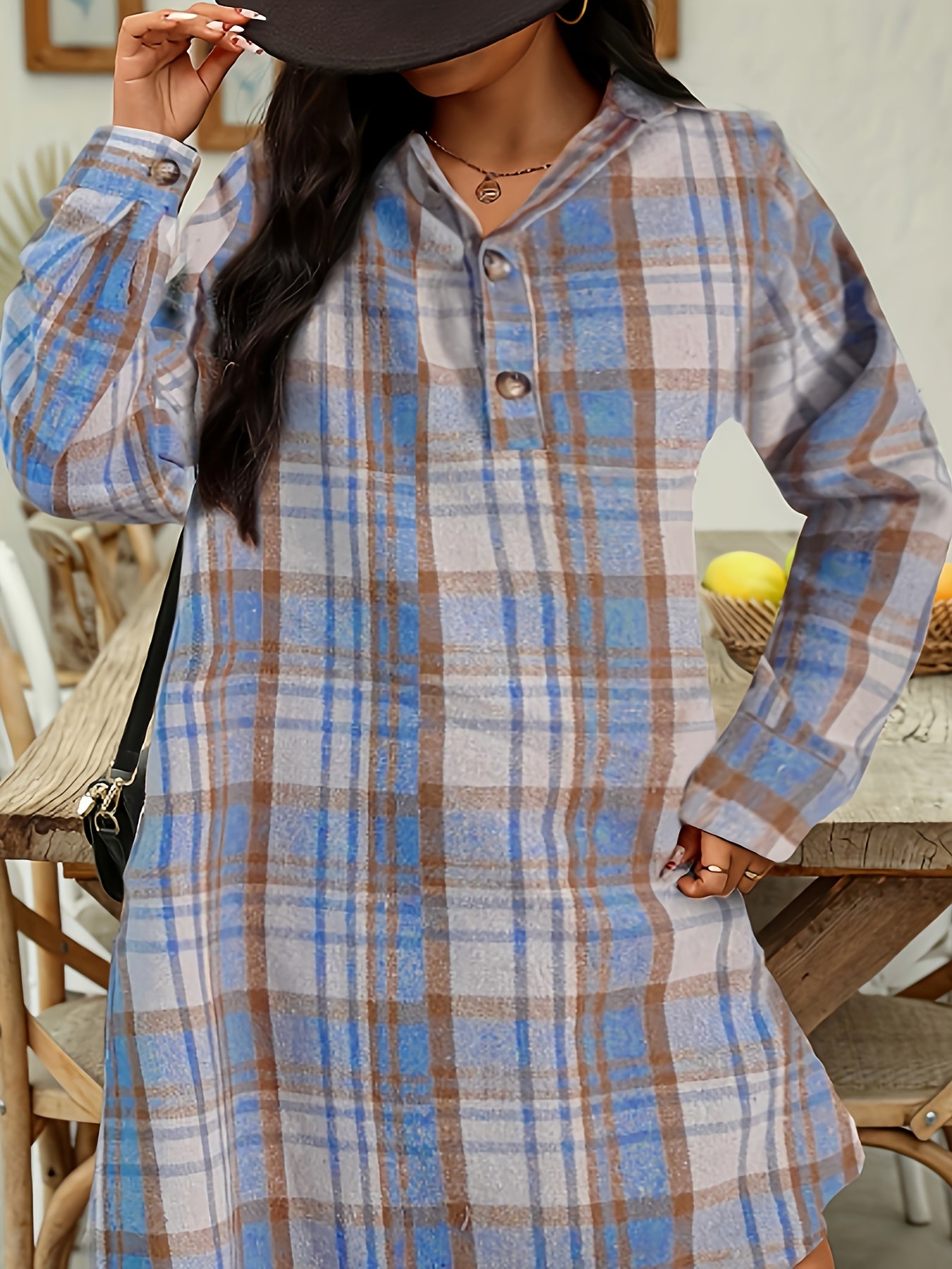 Women's Long Sleeve Plaid Shirt Dress, Casual Loose Brown Checkered  Collar Tunic Dress with Buttons