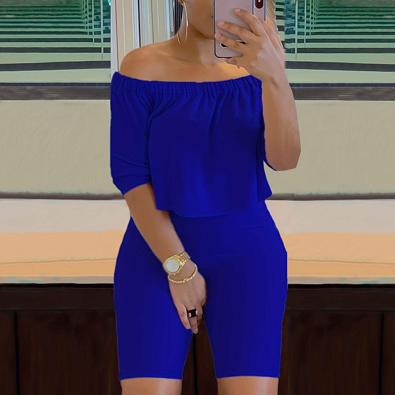 Sexy Solid Fashion Pantsuits Two-piece Set, Off Shoulder Short Sleeve Tops & Slim Shorts Set - Women's Clothing - For Women - Perfect for Parties & Night Out - Ideal Gift for Her