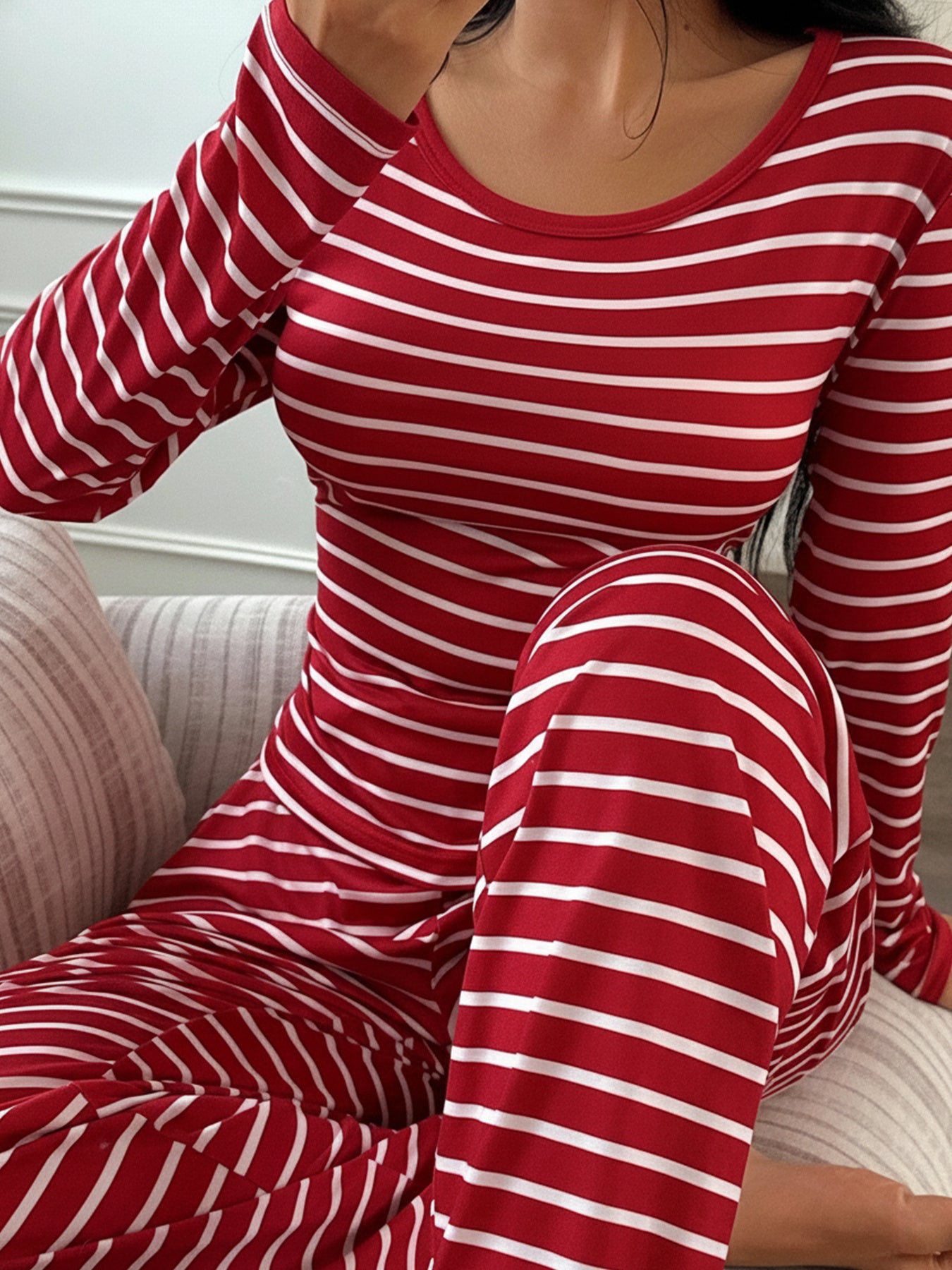 Women's Red and White Striped Casual Round Neck Long Sleeve Top and Pants Pajama Set