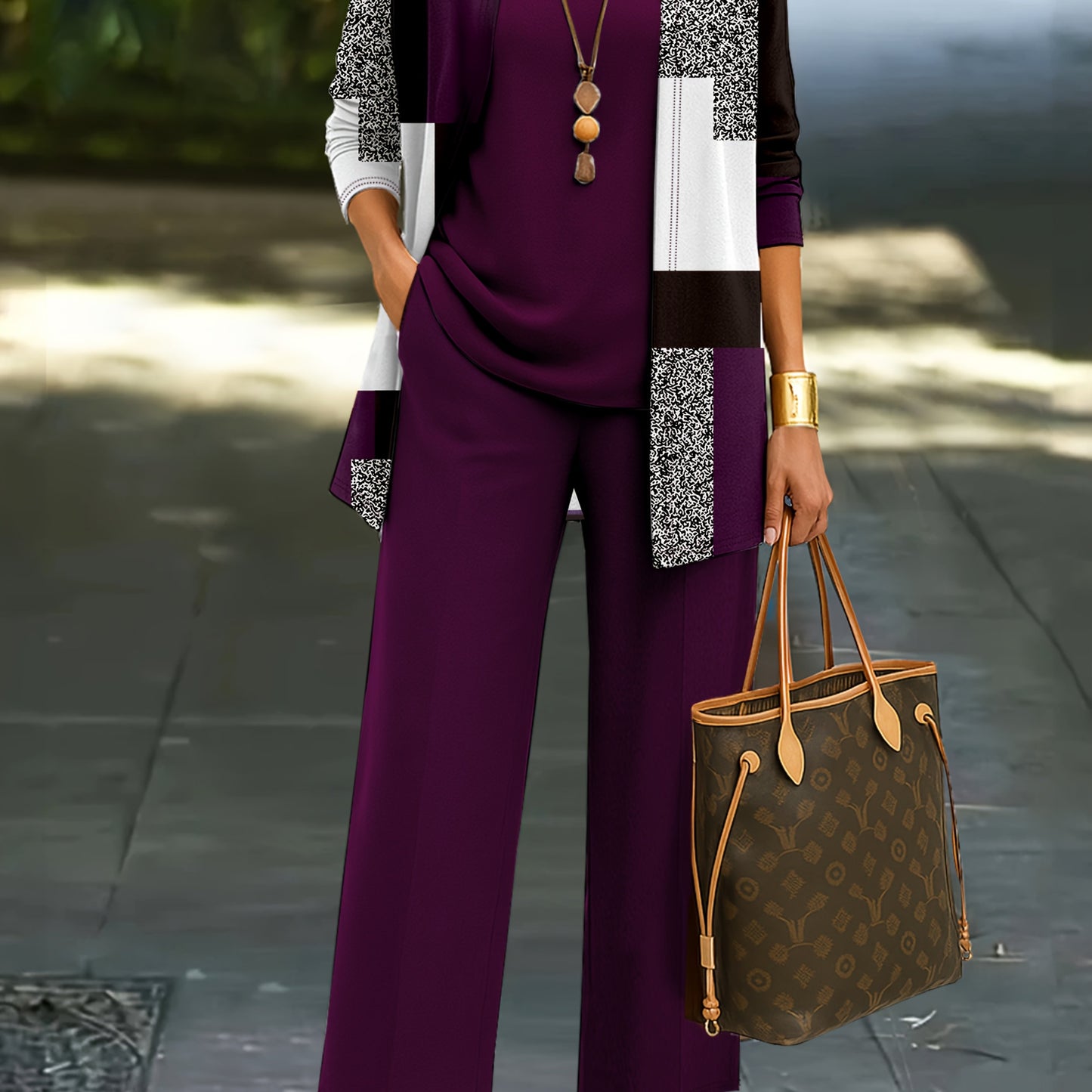 Spring and Summer Three-Piece Color-Block Print Set with Long Sleeve Jacket, Vest, and Pants for Women