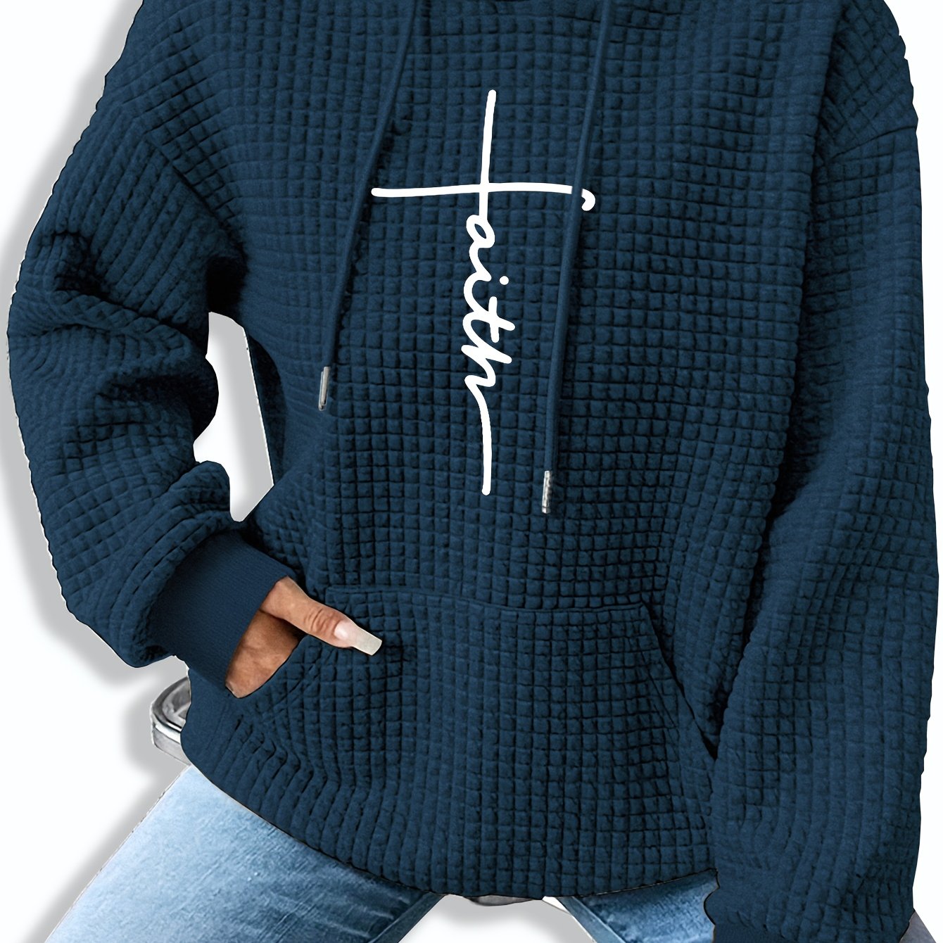 Patterned Long-Sleeve Waffle Drawstring Hoodie