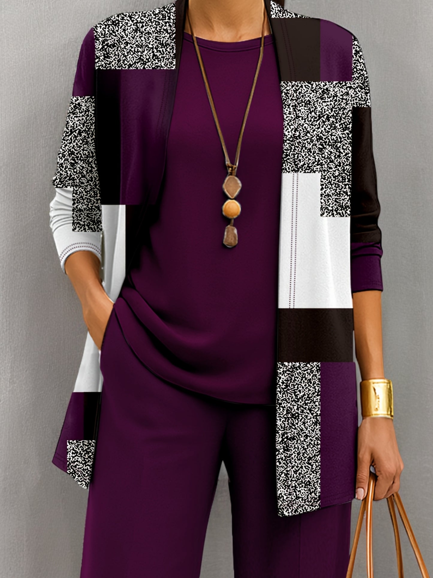 Spring and Summer Three-Piece Color-Block Print Set with Long Sleeve Jacket, Vest, and Pants for Women