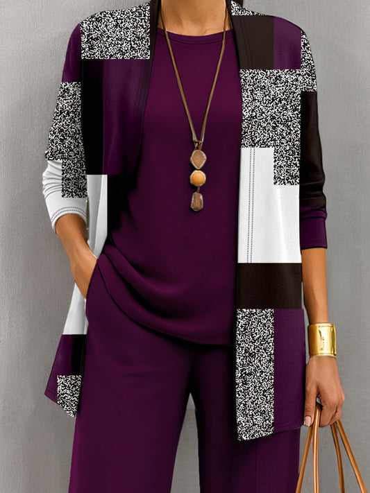 Spring and Summer Three-Piece Color-Block Print Set with Long Sleeve Jacket, Vest, and Pants for Women